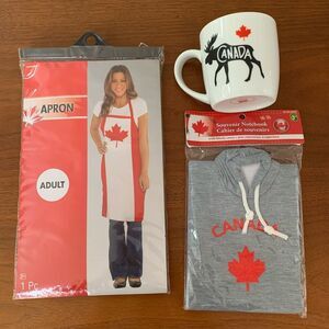 NEW Bundle of 3 Canadien Canada item mug, apron and notebook with hoody cover